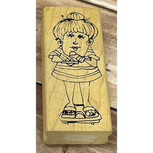 INKY ANTICS J3-0875-G WOOD MOUNTED RUBBER STAMP BY NANCYE WILLIAMS LADY ON SCALE